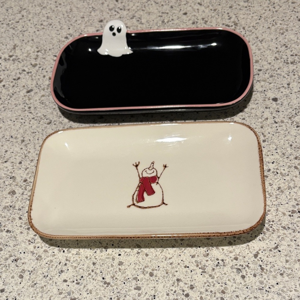Halloween Ghost and Holiday Snowman Ceramic Trays